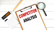 COMPETITOR ANALYSIS words on clipboard, with calculator, magnifier and pencil on the white wooden background