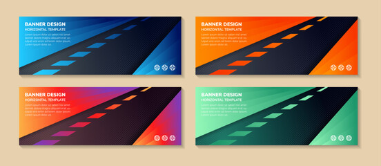 Poster - abstract modern four different banner backgrounds or templates design with copyspace and diagonal colour graded geometric patterns, colored gradient vector illustration. dot circle halftone pattern.
