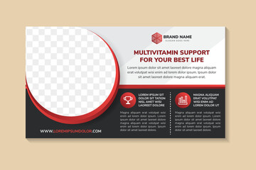 Poster - banner template design with headline is multivitamin support for your best life. space of photo collage. Advertising flyer in horizontal layout. multicolor grey background with red and black element.
