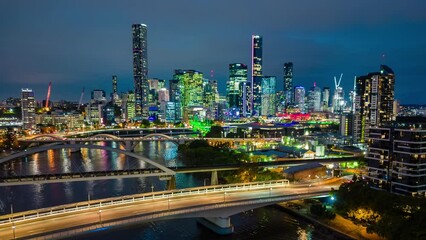 Poster - Aerial hyperlapse, dronelapse video of Brisbane city in Australia at night