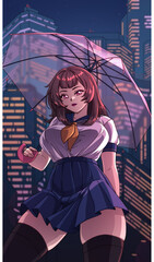 Wall Mural - Cute anime schoolgirl holding umbrella with retro city background. Hand drawn illustration.