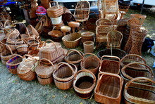 A Close Up On A Huge Set Of Wicker Baskets And Other Containers Arranged In Sets And Displayed To People During One Of Medieval And Folk Fairs Organized In Poland During Summer