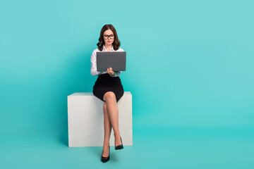 Wall Mural - Full size photo of lady marketer ceo using netbook chatting partners investors isolated on cyan color background