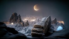 Night Mountains Under A Starry Sky With A Full Moon, Rocks With Snow.