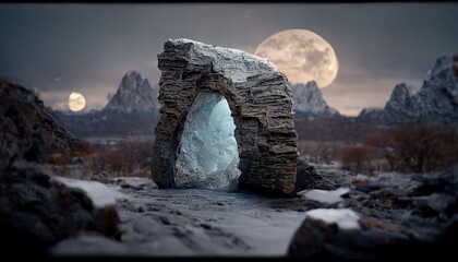 Poster - Night mountains under a starry sky with a full moon, a stone arch.