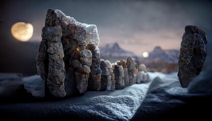 Poster - Mountains under the starry sky with the moon, high cliffs with snow.