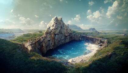 Poster - Mountain landscape overlooking the sea, rocks with sea water near the sandy shore, blue sky.