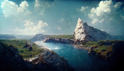 Sticker - Sea bay with blue water with rocky shores under the blue sky.