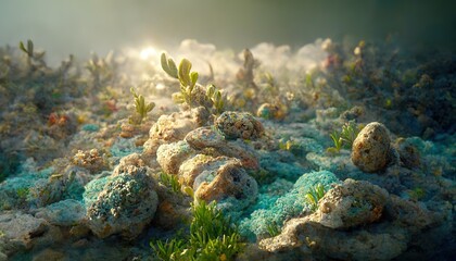 Canvas Print - Sea coral reef, bottom with sand and algae underwater.