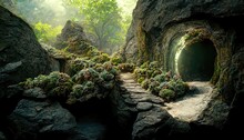 Entrance To A Cave In The Mountains With Green Moss On The Rocks Around.