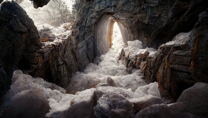 Poster - Entrance to a cave in a mountainous winter landscape with ice and snow on the rocks around.