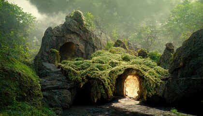 Poster - Mountain landscape with a cave in the mountains and green moss on the rocks around.