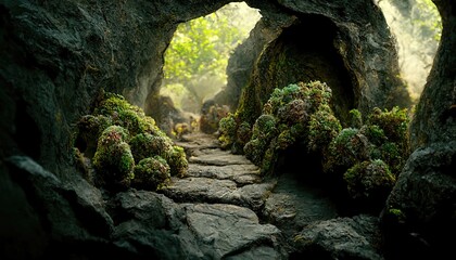 Poster - Mountain landscape with rocks and a passage in them, with green moss on the rocks around, a stone path.
