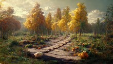 Forest Stone Path In Autumn Forest With Orange Trees Under Blue Sky With Clouds