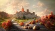 Landscape of a fairytale palace with towers, stones and orange leaves on the trees.
