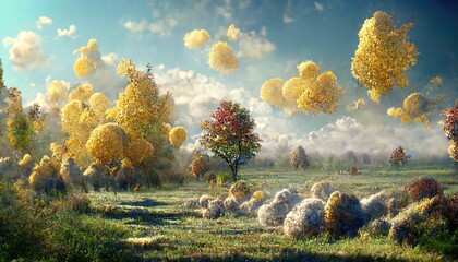 Poster - Autumn landscape, trees with yellow foliage on a field with grass under a blue sky with fluffy clouds.