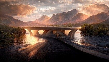 Poster - Automobile bridge on the shore of the lake with mountains and the sun on the horizon at sunset.