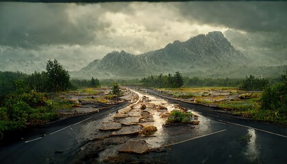 Wall Mural - Summer landscape with mountains, meadows, coniferous trees on the horizon and a road in rainy weather.