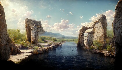 Poster - Summer landscape with rocks overlooking the sea and mountains under a sunny sky.