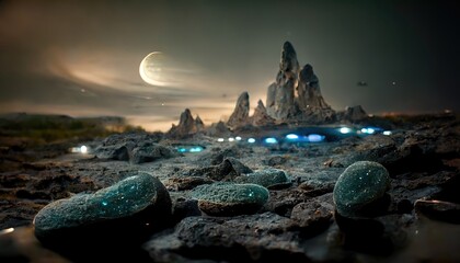 Alien planet surface at night with rocks, lights, stars and planets in the sky.