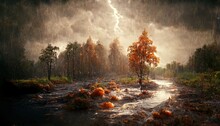 Forest Landscape With A Thunderstorm, A Lake, A Path And Trees With Orange Leaves In The Rain.