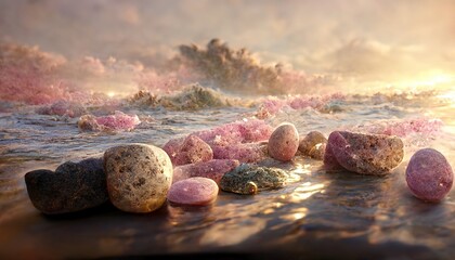 Poster - Sunset in the ocean with rocks, sea waves under the sky with pink clouds and bright sunbeams.