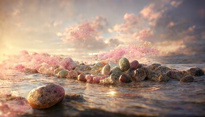 Poster - Sunset in the sea with rocks, sea waves under the sky with pink clouds and sunbeams.