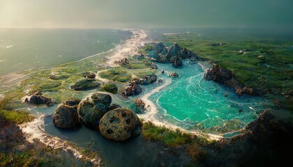 Poster - Seashore with a bay, rocky shores, a green island.