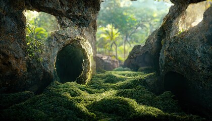 Poster - Cave entrance with green trees, grass, moss and hanging vines.