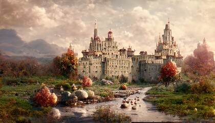 Wall Mural - Autumn landscape of the palace, trees with orange foliage under a cloudy sky, a wet rocky road leading to the gate.