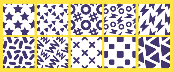 Vector set of simple illustration with black color circle, line, star and flash on white background. Flat style seamless pattern design with round and sharp shape