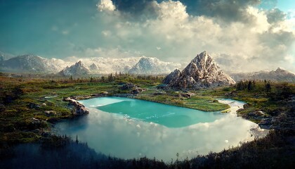 Fototapete - Mountain landscape with lake, rocks, snowy peaks, green field and trees.