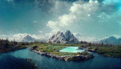 Fototapete - Mountain landscape with lake, rocks, snowy peaks, green field and trees. Blue sky with white clouds.