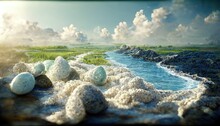 Sea Waves With White Foam Near The Rocky Shore With Green Grass Under A Blue Sunny Sky.