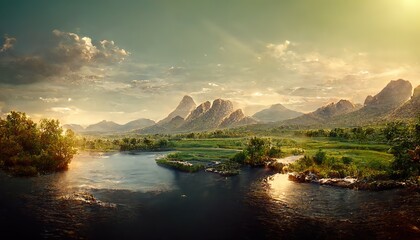 Wall Mural - Summer landscape with mountains and a lake at sunset under a blue sky with clouds.