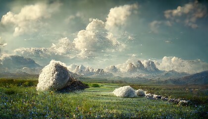 Sticker - Field with grass, stones, snowy mountains on the horizon and clouds in the sky