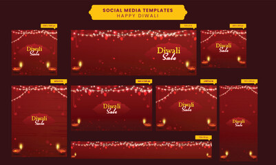 Canvas Print - Diwali Sale Social Media Banner And Template Set With Lit Oil Lamps (Diya) And Lighting Garland On Red Bokeh Background.