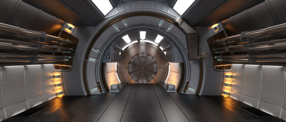 Poster - Cinematic widescreen 3D rendering of science fiction space ship or station corridor with round doorway.