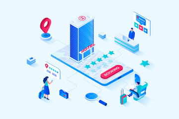 Fototapete - Booking 3d isometric web design. People go on vacation to travel and book hotel apartments using mobile application with rating, online payment service and location tracking. Web illustration