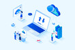 © alexdndz - Cloud computing 3d isometric web design. People transfer data, share security access to online storage for other users, use hosting services or work with databases servers. Web illustration