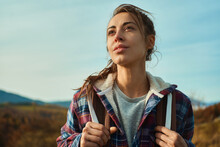 Close Up Outdoors Portrait Beautiful Confident Woman In Nature Looking Away During Hiking By Mountains Range