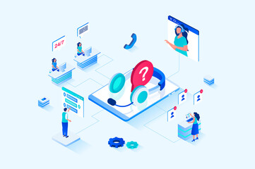 Wall Mural - Customer support 3d isometric web design. People call technical support to get advice and resolve their issues, operators in headsets answer and advise, chatting clients. Web illustration