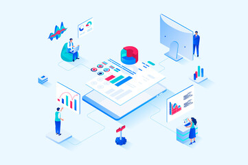 Data analysis 3d isometric web design. People work with charts, diagrams and graphs, make financial reports for company and business accounting, auditing and analytics. Web illustration