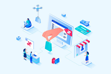 Poster - Discount of goods 3d isometric web design. People buy new products at best prices and offers at seasonal sales in online stores, ordering and paying for smart purchases. Web illustration