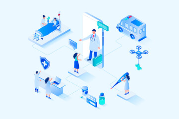 Fototapete - Medicine 3d isometric web design. People receive online consultation with doctor, make appointment at clinic reception, receive therapy in ward, treatment and healthcare. Web illustration