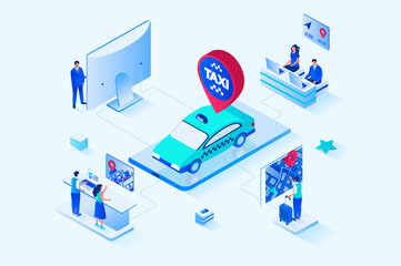 Leinwandbilder - Taxi service 3d isometric web design. People calling taxi, booking car for moving around city or transfer, making route and tracking online location in mobile application. Web illustration