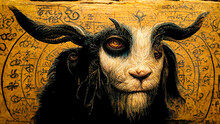 Astrological Sign Of Capricorn, Engraving And Drawing On A Wooden Board, Antique Wood, For Astrologer And Horoscope, Goat