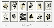 Abstract Floral Posters Template Collection. Modern Botanical Trendy Black Style. Vintage Flowers. Ink Wall  Art.