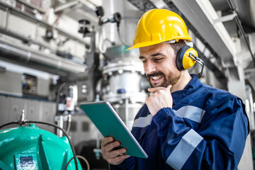 Wall Mural - Close up portrait view of refinery operator standing by gas generator and controlling production.