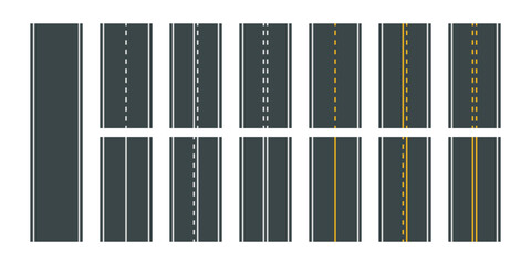 Vector illustration of white and yellow road markings isolated on white background. Set of seamless asphalt road types in top view. Collection of empty horizontal straight highways.